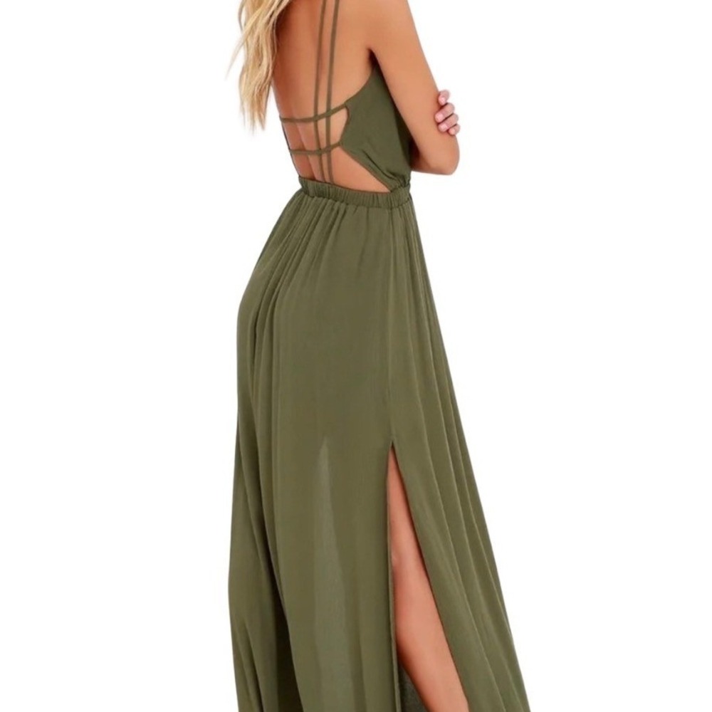 Lulus Womens Olive Green Crinkle Rayon Maxi Dress Backless Cutout Strappy Size S - Picture 2 of 8